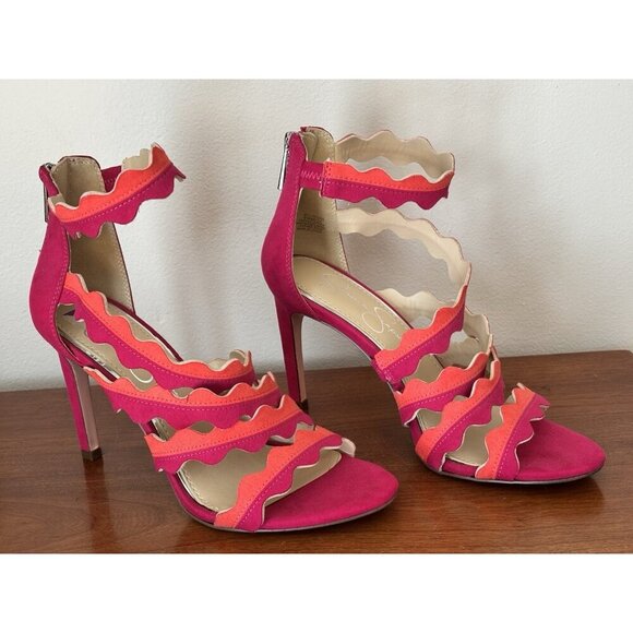 Jessica Simpson Size 6.5 Caveena Ankle Strap Heels Sandals Pink Orange Suede - Picture 1 of 8
